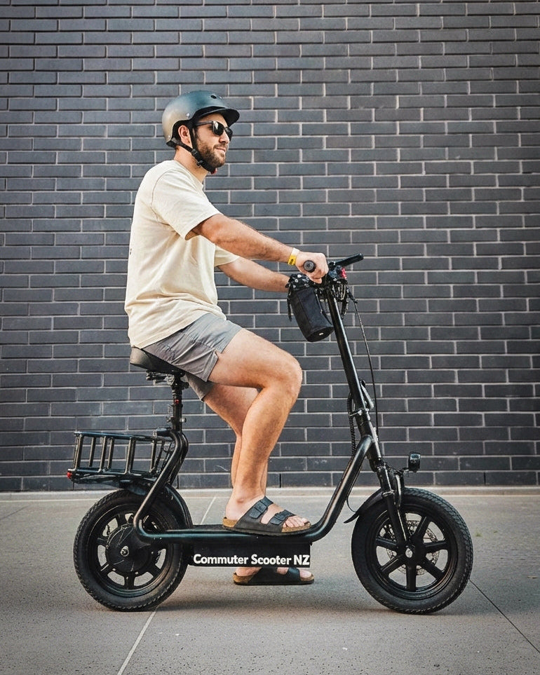 Man riding black Commuter Scooter e-scooter with a seat